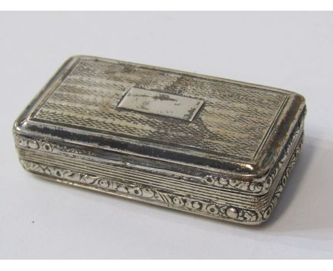 LATE GEORGIAN SILVER RECTANGULAR SNUFF BOX, engine turned decoration with floral raised edging, Birmingham possibly 1820, mak