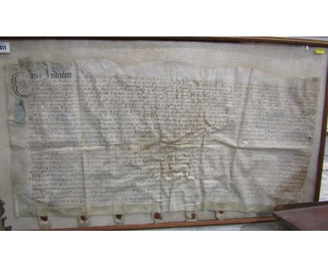GEORGIAN framed manuscript and sealed indenture, 40cm by 77cm 