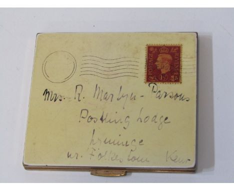 NOVELTY COMPACT in the form of stamped postal envelope addressed to Folkstone in Kent, 9cm width Lot 420: Weight approx. 132g
