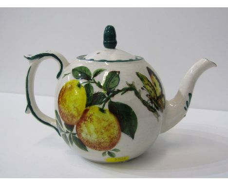 WEMYSS EXON, fruit decorated spherical tea pot and lid, signed B Adams 