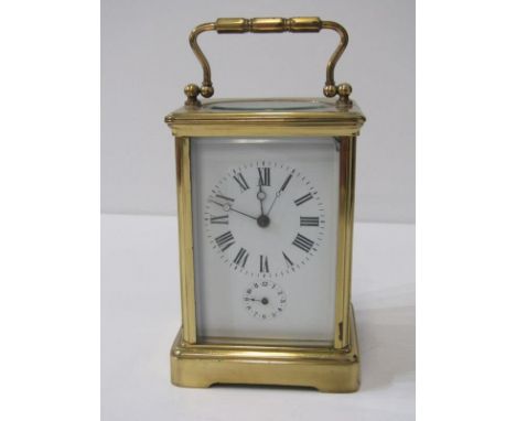 REPEATER CARRIAGE CLOCK, with unusual second hand feature and secondary alarm dial, coiled bar strike, 14cm height Lot 383: A