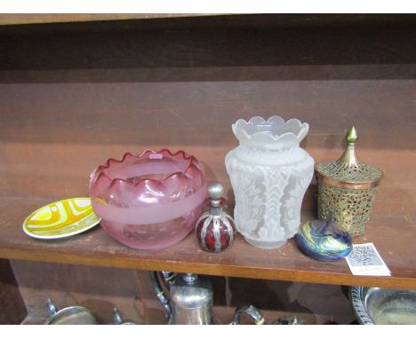 TWO FROSTED GLASS OIL LAMP SHADES, a Poole Delphis small dish, silver cased cranberry glass perfume bottle and contents of sh