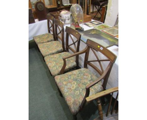 LATE REGENCY bar back dining chairs, set of 3 X back mahogany dining chairs with matching elbow chair, tapestry seat and tape