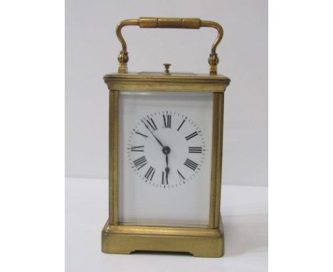 REPEATER CARRIAGE CLOCK, a brass cased and bevelled glass carriage clock, coil bar strike with plain white enamelled face, 13