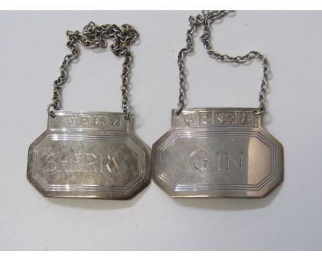 MODERN SILVER DECANTER LABELS, Gin &amp; Sherry, Birmingham HM's, 33.8grms 