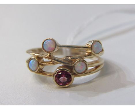 9ct YELLOW GOLD OPAL &amp; PINK TOPAZ BUBBLES STYLE RING, size N 