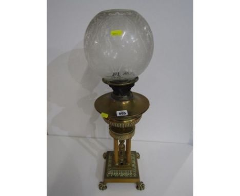 BRASS OIL LAMP. brass fluted reservoir on 4 column supports on square form base with floral etched glass shade 60cms. Lot 505