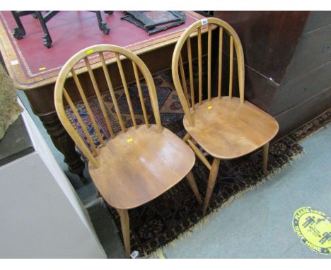 ERCOL STYLE, pair of light elm spindle back Windsor kitchen chairs 