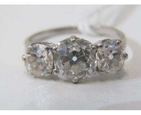 FABULOUS PERIOD 3 STONE DIAMOND RING, cushion cut diamonds, principal stone approx. 2 carats, outer stones approx. 1 carat ea