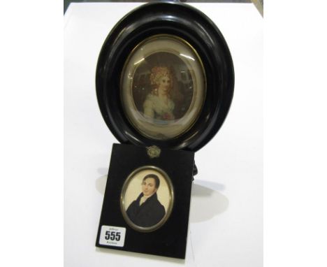 EARLY 19TH CENTURY WATERCOLOUR Portrait of Young Man with silk cravat, together with oval coloured stipple engraved portrait 