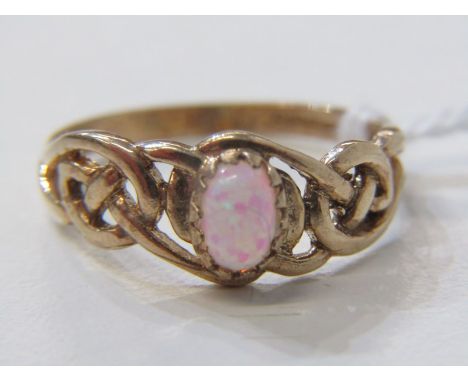 9ct YELLOW GOLD CELTIC KNOT &amp; OPAL STYLE RING, size O 