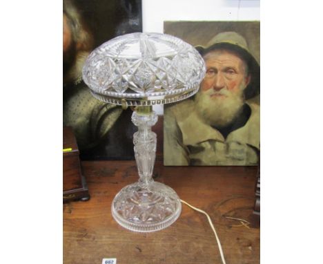 CUT GLASS, a quality cut glass mushroom shaped table lamp and shade, 46cm height  Lot 340: Light tarnishing to metalware but 