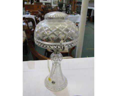 LIGHTING, cut glass mushroom shaped table lamp, 38cm height Lot 427: Metalware tarnished but otherwise all in good condition.