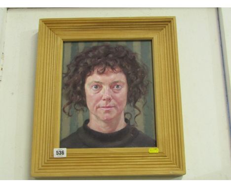 LOUISE COURTNELL, signed oil on canvas "Self Portrait with striped background" date 2000, 29cm x 24cm 