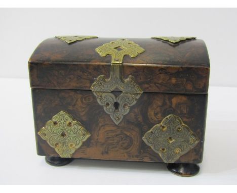 ANTIQUE TEA CADDY, a simulated burr domed top twin section tea caddy with engraved brass mount, 15cm width 