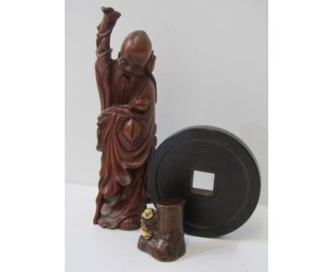 ORIENTAL CARVINGS, a carved cherry root figure of sage, 19cm height; also wooden and bone netsuke and Oriental replica coin d