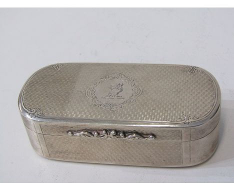 GEORGIAN DESIGN SILVER OVAL SNUFF BOX, engine turned decoration with cartouche enclosing engraved armorial crest, Birmingham 