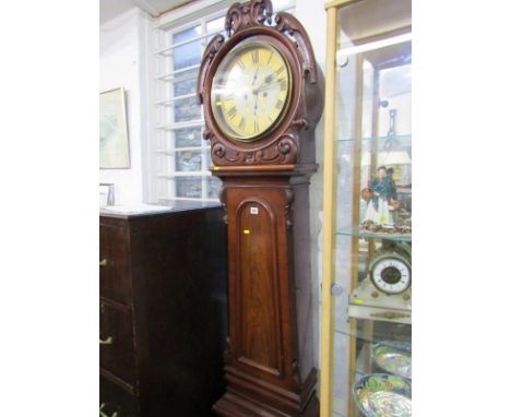 VICTORIAN MAHOGANY, 8 day longcase clock, circular dial with foliate carved hood, together with tapered mahogany body, moveme