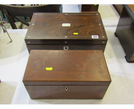 VICTORIAN ROSEWOOD WRITING BOX, mother of pearl inlay, 40cm width; also late Georgian inlaid mahogany triple section tea cadd