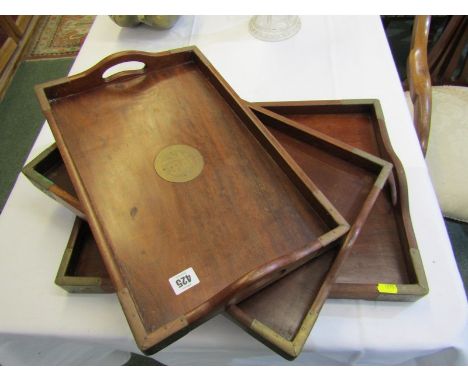 ORIENTAL, set of 3 graduated twin handled rectangular trays with brass inlay; together with vintage oil lamp with milk glass 