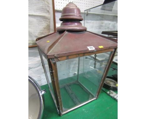 ANTIQUE LIGHT FITTING, a copper square setting tapering lantern, 60cm height 