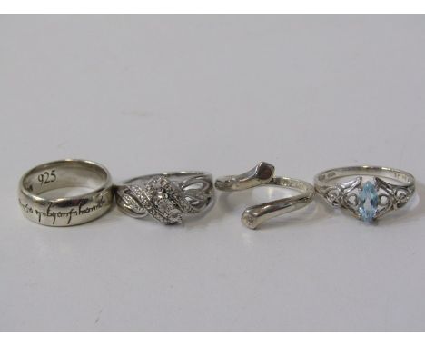 SELECTION OF 4 SILVER RINGS, 2 stone set, 1 cross over, 1 ring to bind them all, Lord of the Rings style Elvish ring 