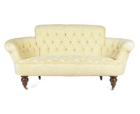 A LATE VICTORIAN WALNUT SOFAC.1880with later button upholstery on turned legs and ceramic castors81cm high, 156cm wide, 80cm 