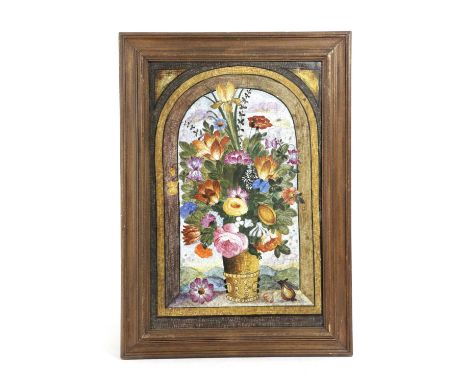AN ITALIAN POTTERY TILE PANELLATE 19TH / EARLY 20TH CENTURYdepicting a floral still life with a landscape beyond, in a staine