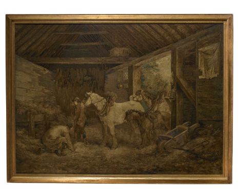 A LARGE AND FINE GEORGE III EMBROIDERED NEEDLEWORK PICTURE OF 'INSIDE OF A STABLE'BY MARY LINWOOD (1755 - 1845), AFTER GEORGE