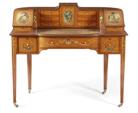 AN EDWARDIAN PAINTED SATINWOOD CARLTON HOUSE DESKIN SHERATON STYLE, EARLY 20TH CENTURYdecorated with flowers, scrolls, wreath