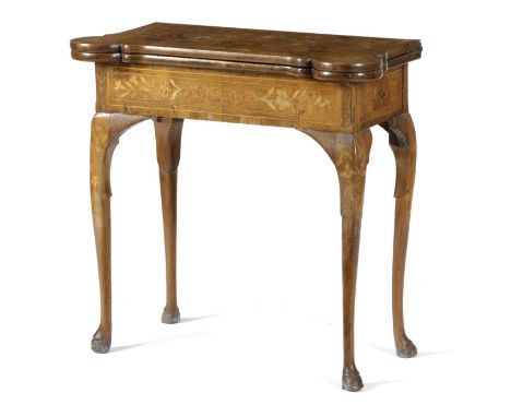 A DUTCH WALNUT AND MARQUETRY CARD TABLE18TH CENTURYthe fold-over top inlaid with butterflies, birds and urns of flowers, the 