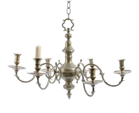 A DUTCH BRASS SIX LIGHT CHANDELIERIN BAROQUE STYLE, LATE 18TH/19TH CENTURYwith urn nozzles and scrolling branches39cm high, 5