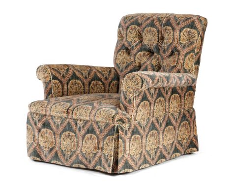 A VICTORIAN MAHOGANY EASY ARMCHAIRBY GILLOWS, LATE 19TH CENTURYwith a button back and scroll arms, the back left leg stamped 