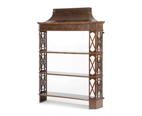 A SET OF CHINESE PADOUK WALL SHELVESIN CHINESE CHIPPENDALE STYLE, 20TH CENTURYwith pierced and blind fret decoration, the pag