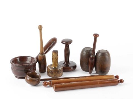 TEN TREEN ITEMS 18TH CENTURY AND LATERincluding: an 18th century fruitwood toddy ladle with a slightly flared rim and a turne