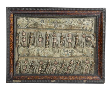 TWO NEEDLEWORK PANELSEARLY 17TH CENTURYembroidered in silks on linen with scenes of Orpheus surrounded by the animals he has 