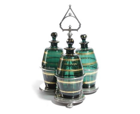 A SET OF THREE GEORGE III GREEN GLASS BARREL SHAPED DECANTERS AND STOPPERSC.1800with gilt banded decoration and titled 'BRAND