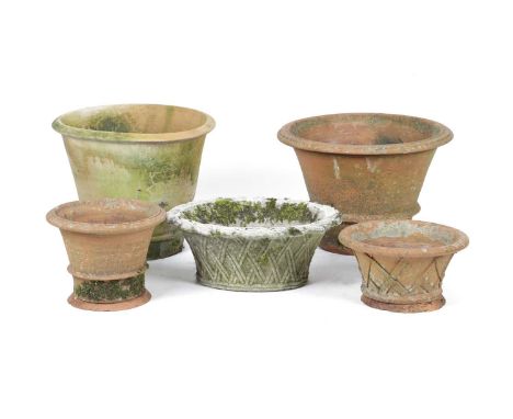 FOUR TERRACOTTA GARDEN PLANTERS LATE 20TH CENTURYone by Whichford Pottery dated '1992' together with a reconstituted stone la