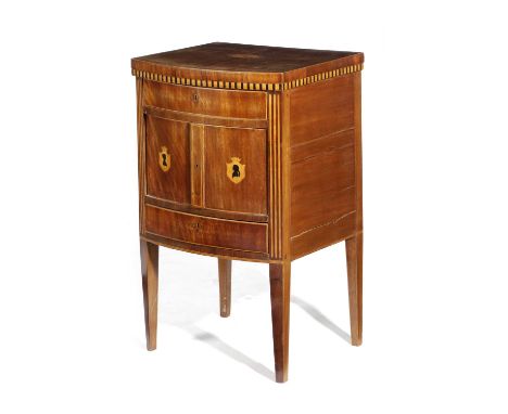 A DUTCH MAHOGANY NEO-CLASSICAL BOWFRONT BEDSIDE COMMODEEARLY 19TH CENTURYinlaid with a fan patera and a pair of portrait silh