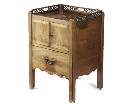 A GEORGE III MAHOGANY TRAY-TOP BEDSIDE COMMODELATE 18TH CENTURYwith a pierced gallery and a converted pull-out base, the shap