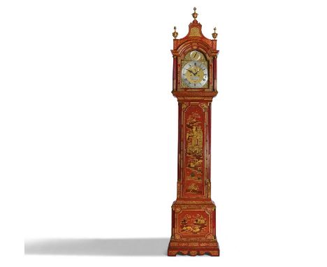 A GEORGE III RED JAPANNED MUSICAL LONGCASE CLOCKFOR THE SPANISH MARKET, BY ROBERT AND PETER HIGGS, LONDON, C.1775,the brass e