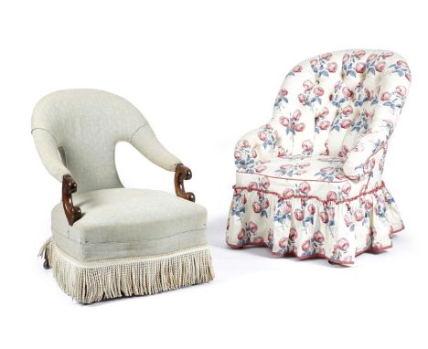 A VICTORIAN BUTTON BACK ARMCHAIRC.1870with Colefax & Fowler rose flower loose covers, together with a walnut framed open armc