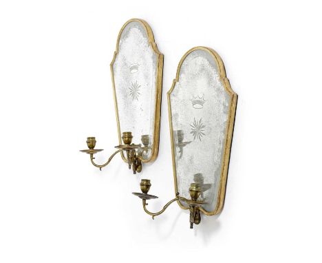 A PAIR OF ITALIAN GILTWOOD GIRANDOLESVENETIAN, LATE 19TH CENTURYeach with a cartouche-shaped bevelled plate decorated with a 