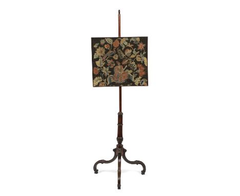 A GEORGE III MAHOGANY POLE FIRESCREENC.1780with a square 18th century needlework chinoiserie panel and tripod base141.2cm hig