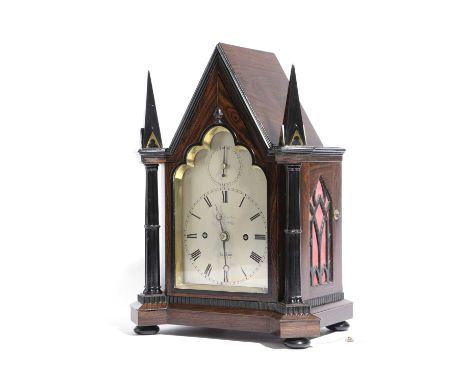 λ AN EARLY VICTORIAN ROSEWOOD GOTHIC REVIVAL BRACKET CLOCK AND BRACKETBY HART, LONDON, C.1840the brass eight day twin fusee r