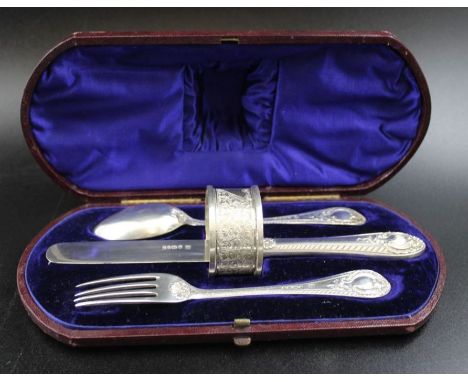 A matched silver Christening set, in a silk &amp; velvet lined case, comprising; a Victorian fork and spoon, London 1872, and