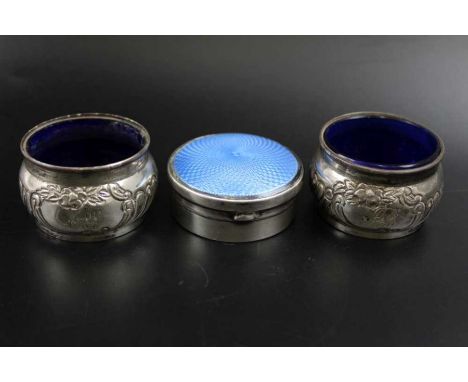 A.E. Sturge, an early 20th century silver and guilloche enamel powder compact, Birmingham 1927, 5cm in diameter, together wit