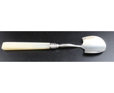 Samuel Pemberton, A George III silver cheese scoop, fitted canted mother-of-pearl handle, Birmingham 1808, 18.5cm long&nbsp;