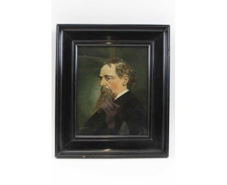 British School c.1900, 'Profile portrait of Charles Dickens', oil painting on card or board, 24cm x 19cm, ebonised frame, gla