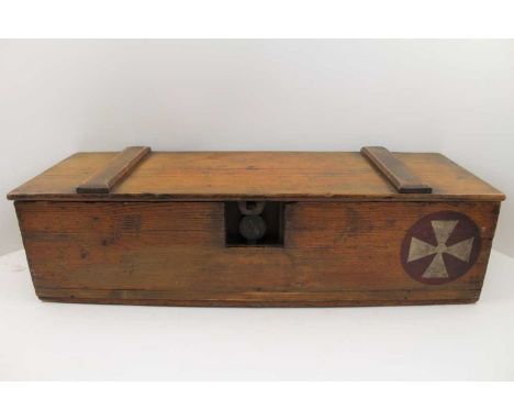A British Rail softwood box, made to hold "First Aid Requisites" with original contents label, 16cm x 58cm x 20cm